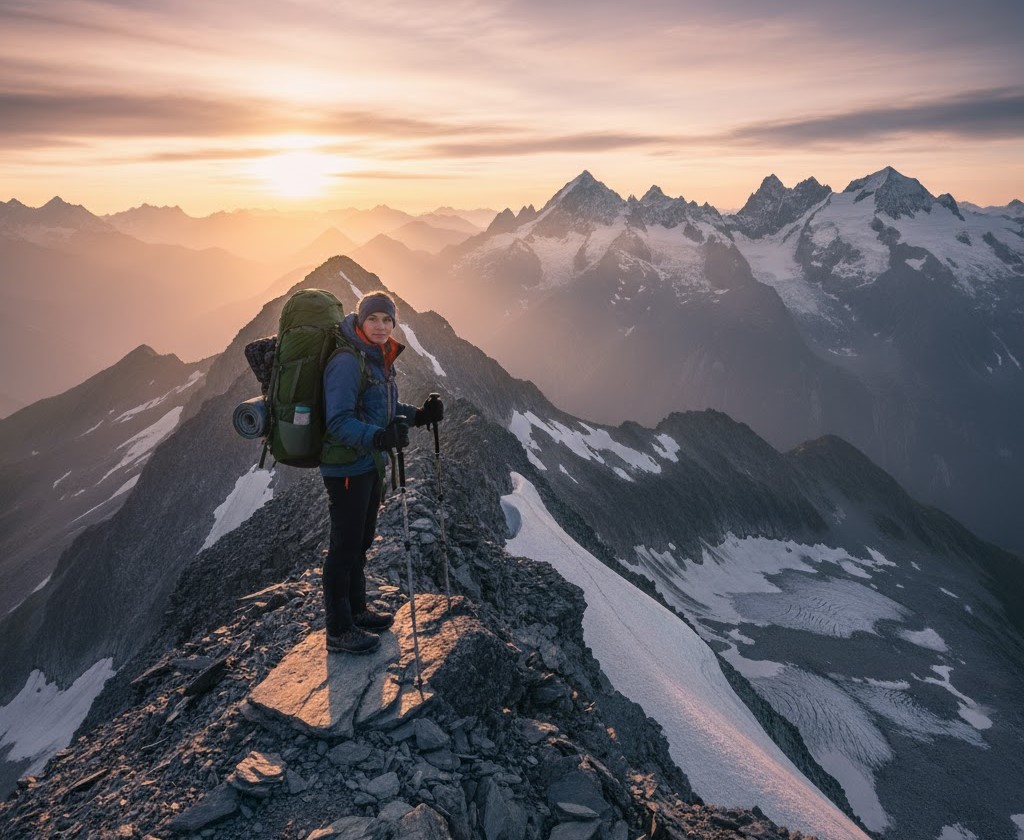 A trekker standing on a mountain ridge with snow-capped peaks in the background, equipped with a backpack and trekking poles.