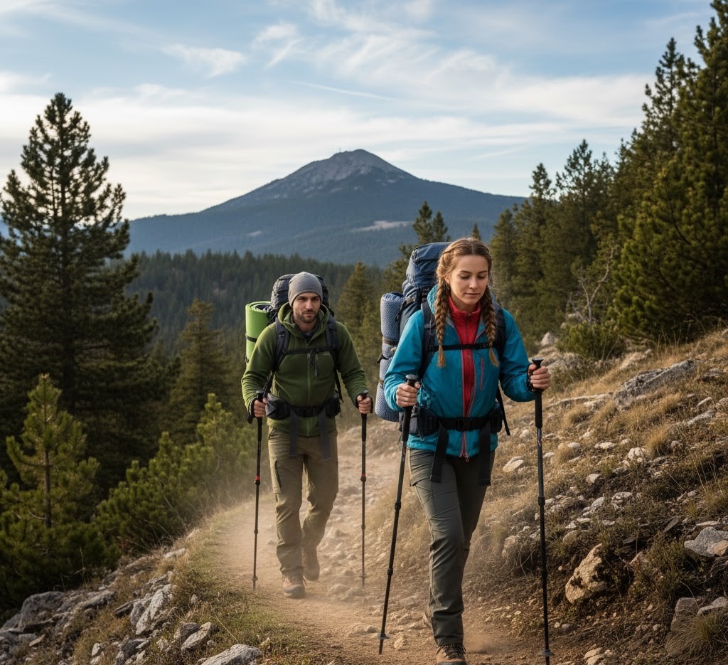 Two hikers—one man and one woman—trekking uphill with backpacks and layered clothing.