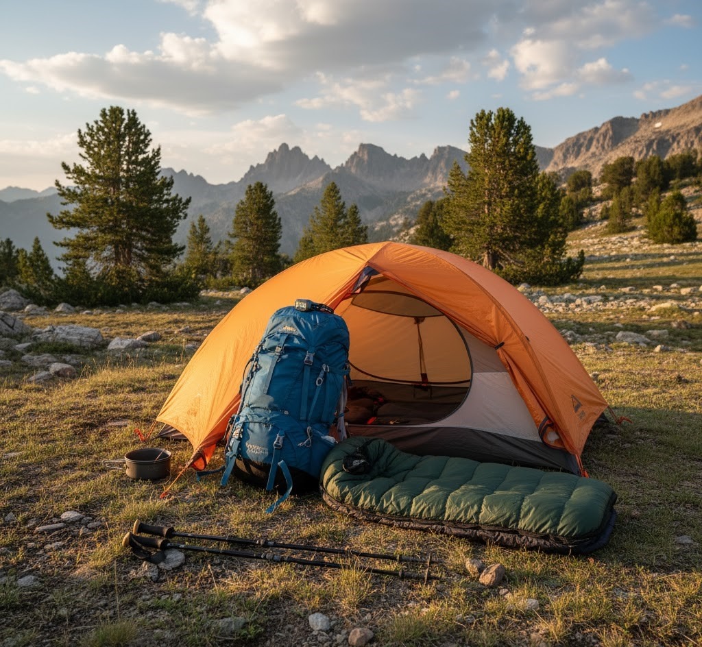 A backpack, sleeping bag, and trekking poles resting beside a mountain tent.
