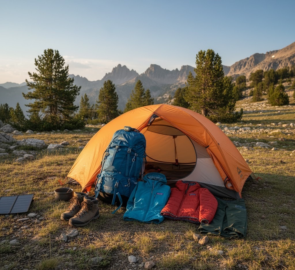 Display of branded hiking gear such as Osprey backpack and Patagonia jacket on a campsite.