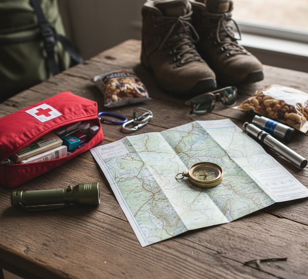 Flat lay photo of hiking essentials such as a compass, map, flashlight, and first aid kit on a wooden surface.