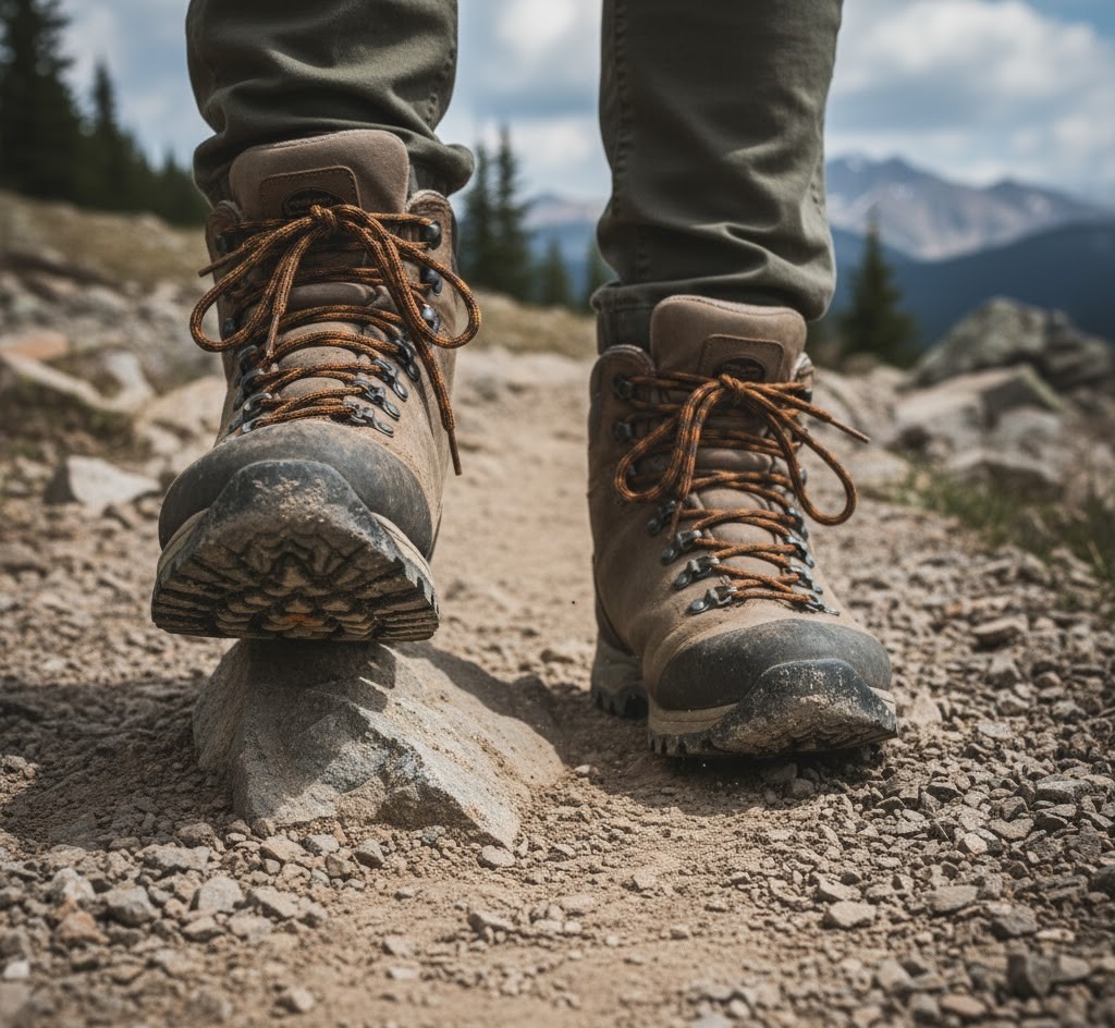 Close-up of sturdy hiking boots stepping on a rocky mountain trail.