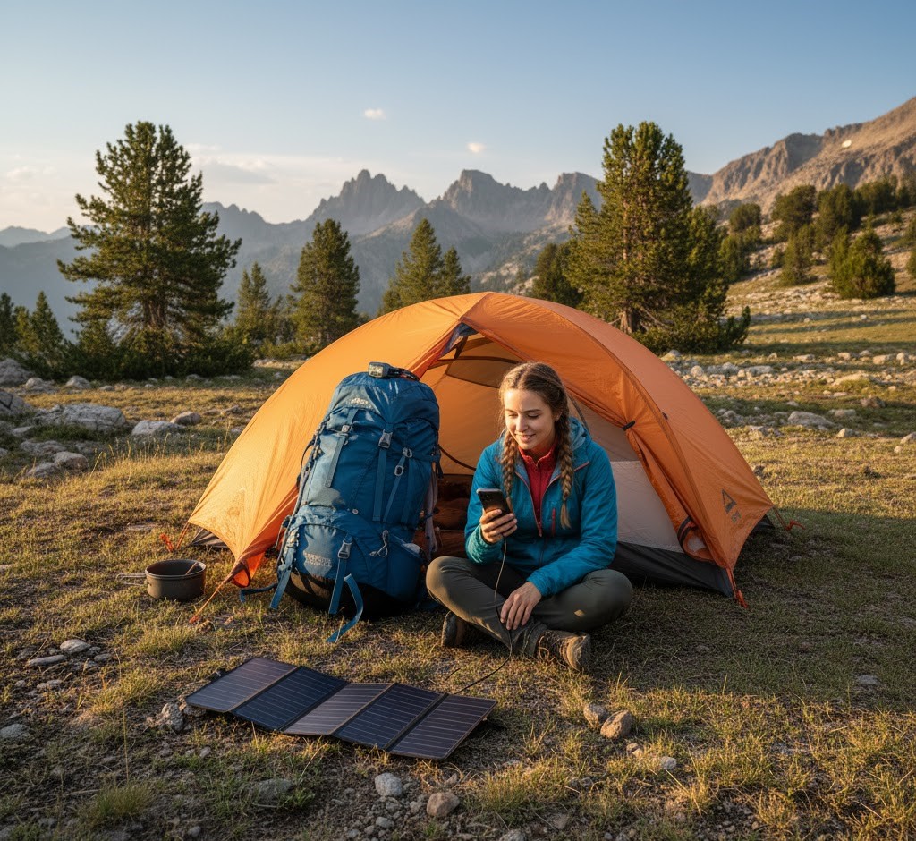A hiker using a solar panel to charge devices on a mountain campsite.