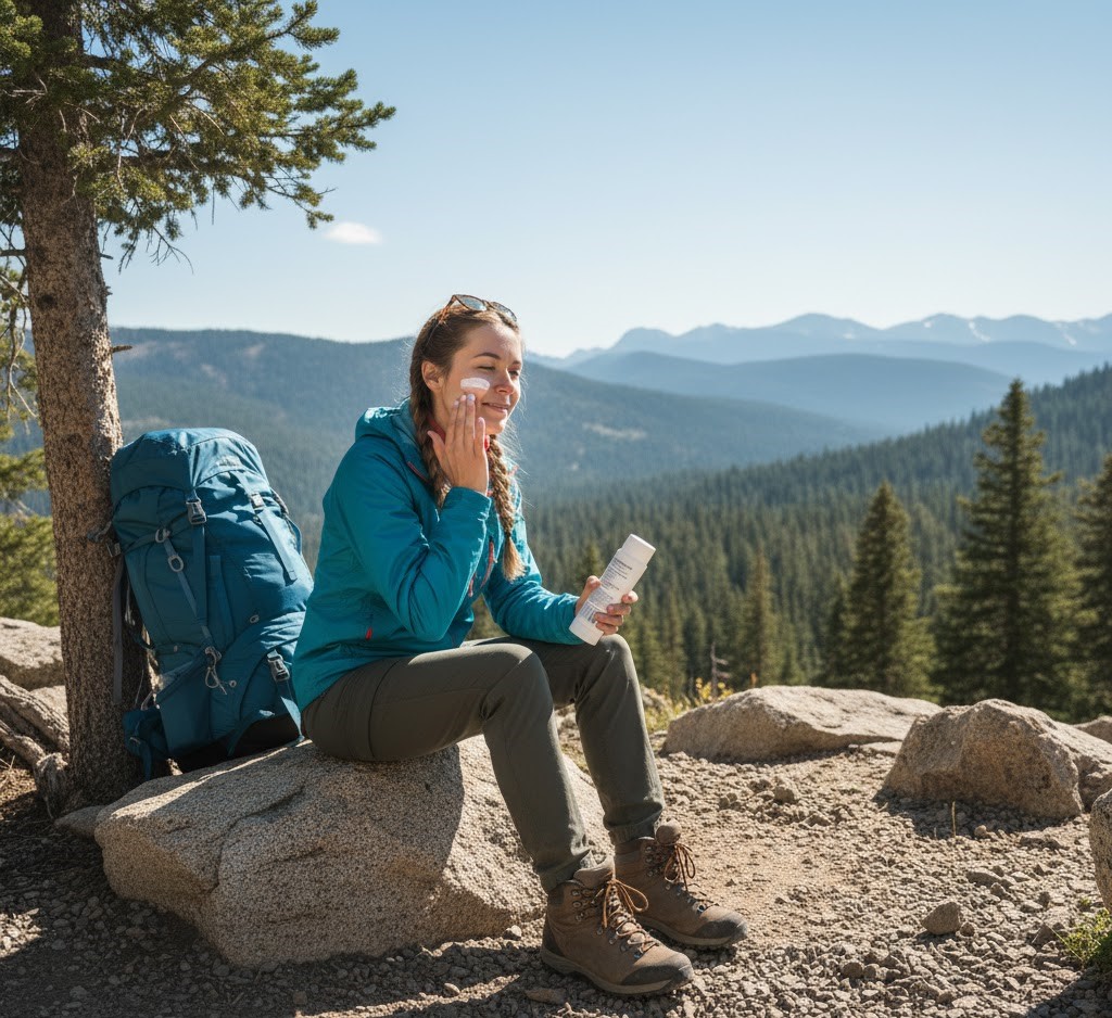 Trekker applying sunscreen while sitting on a rocky trail.
