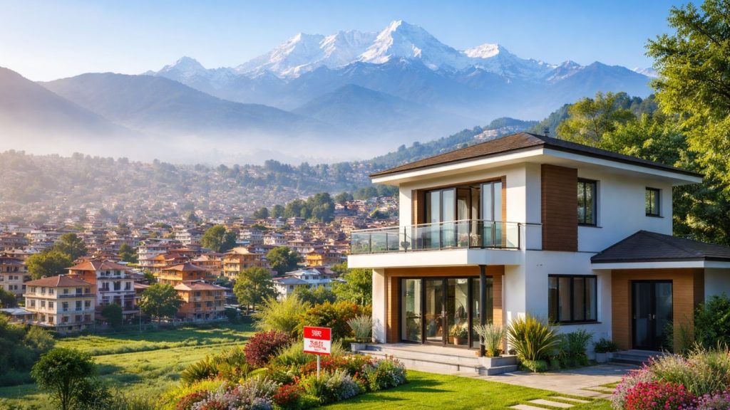 Modern house exterior in Kathmandu with spacious front yard and contemporary design