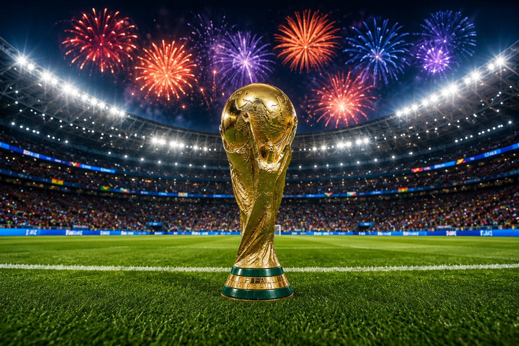 Football fans around the world celebrating the FIFA World Cup 2026 beginning with flags, stadium excitement, and global football atmosphere.